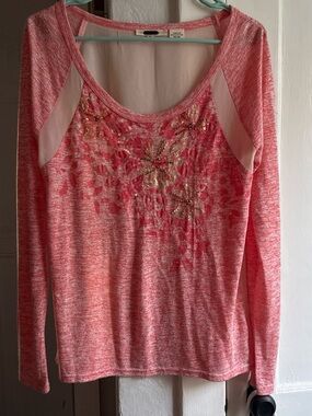 Miss Me Coral Pink Heathered Long Sleeve Floral Sequin Top